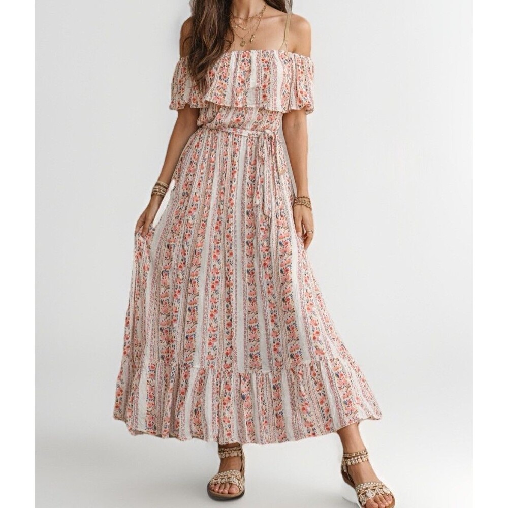 Margaux Riviera Boho Floral Bohemian Chic Resort Wear Coastal Luxe Maxi Dress L